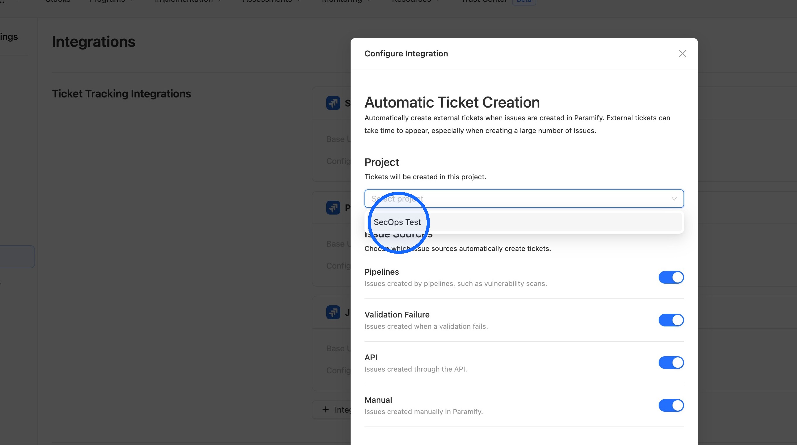 Jira project dropdown for automatic ticket creation