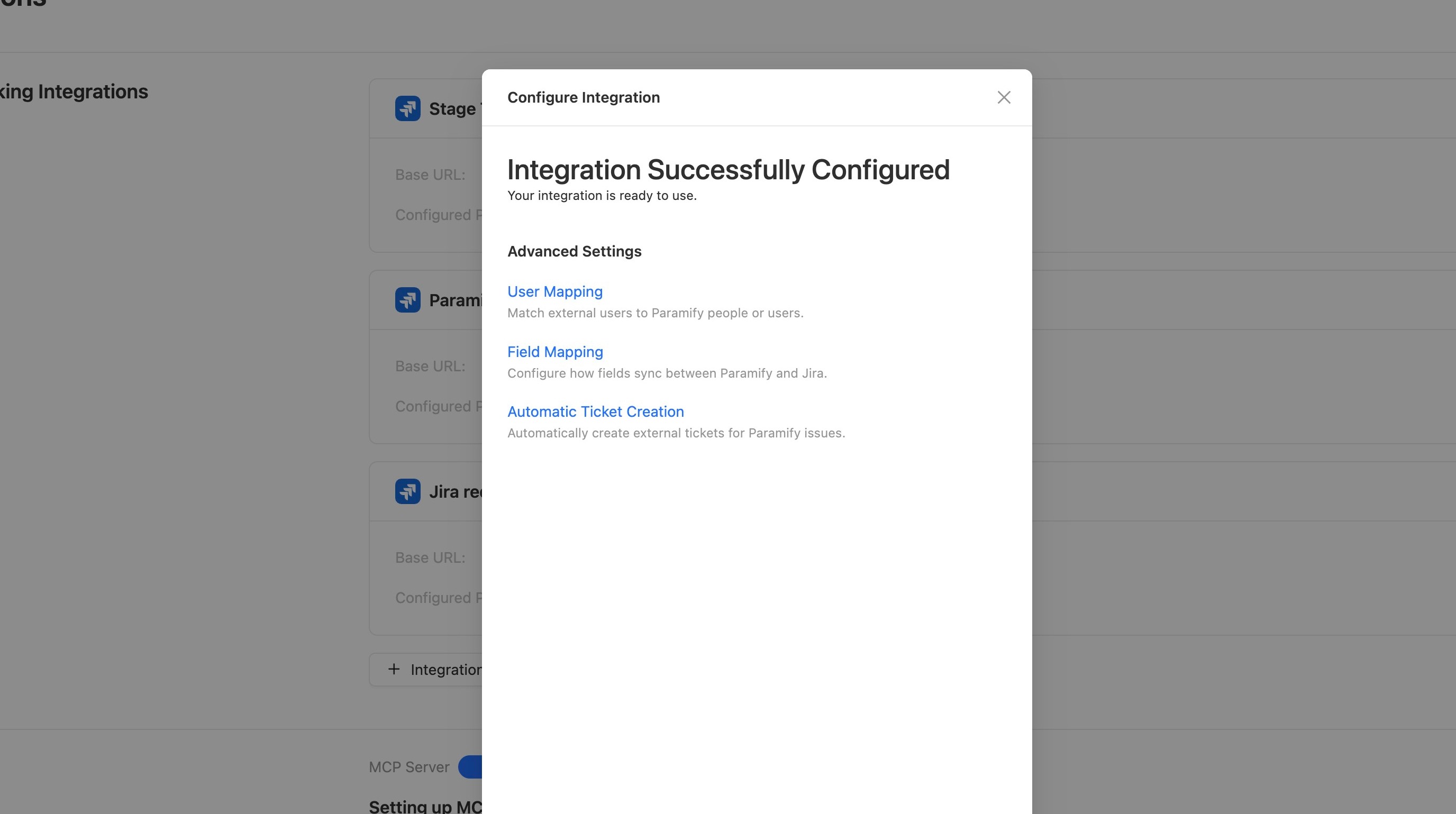 Configure Integration modal showing the advanced settings