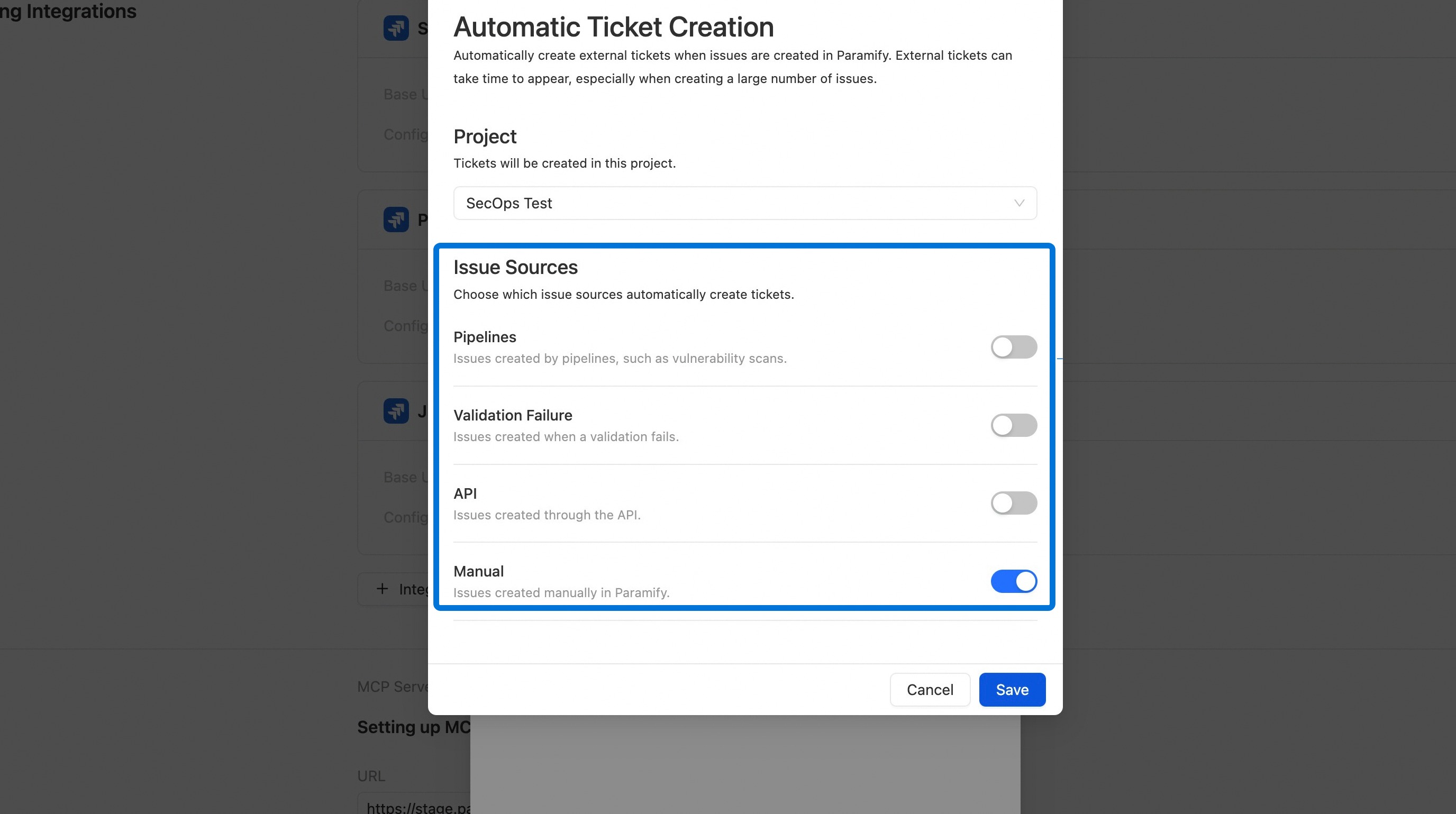 Issue Sources selection for automatic ticket creation