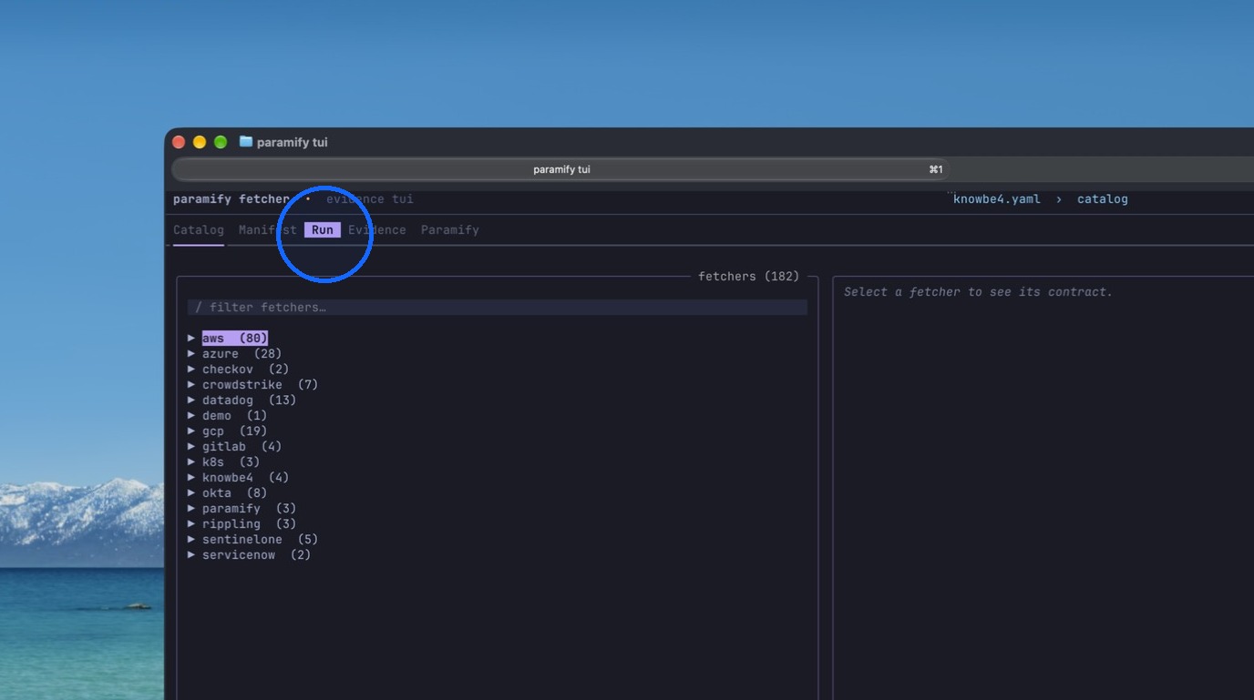 Opening the Run tab in the Paramify TUI