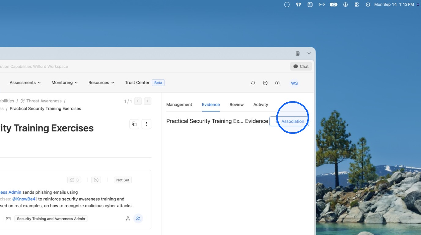 Clicking the plus Association button in the Evidence tab