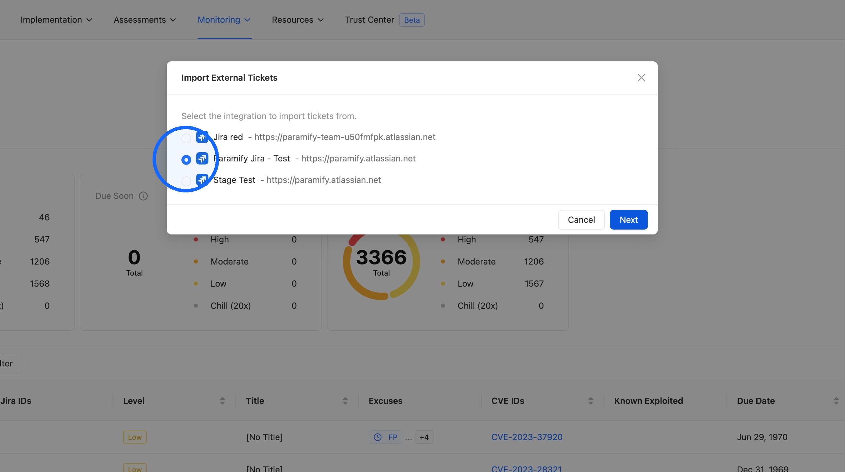 Integration selection in the import modal