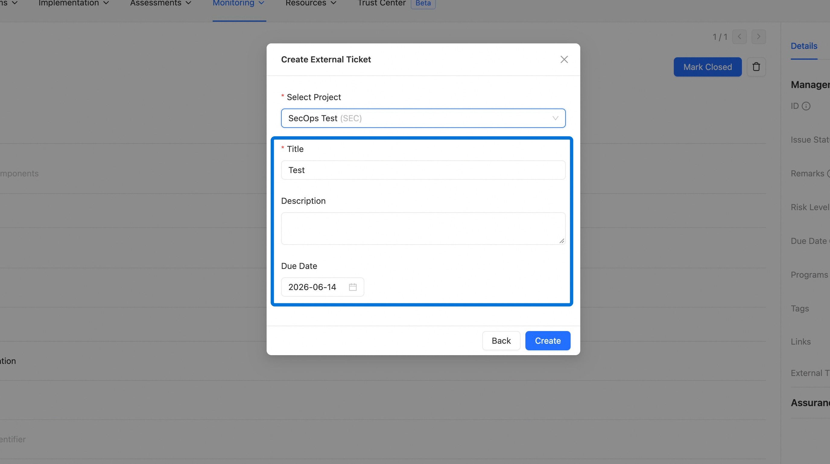 Title, Description, and Due Date fields for the new Jira ticket