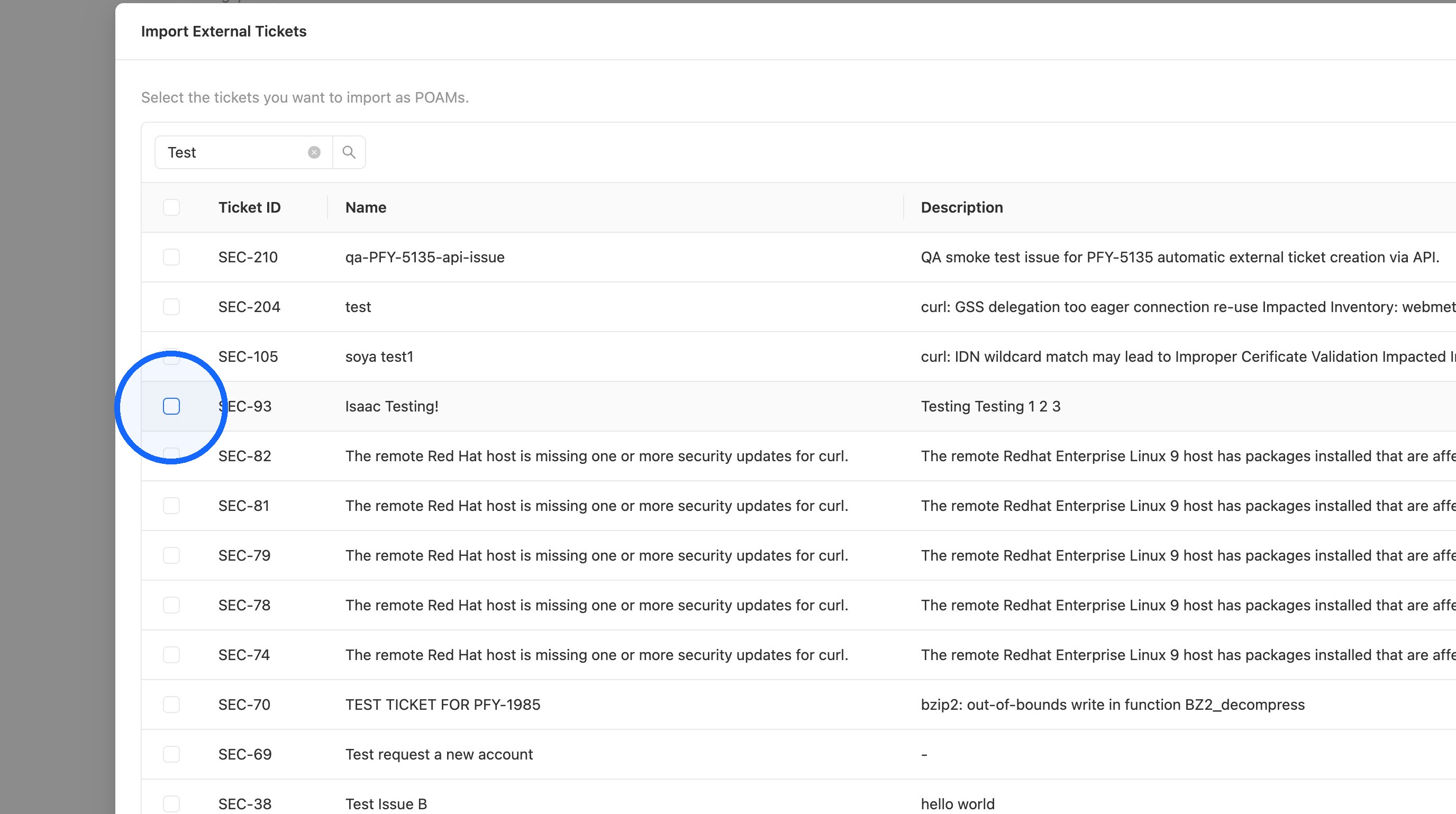 Search results with ticket checkboxes selected