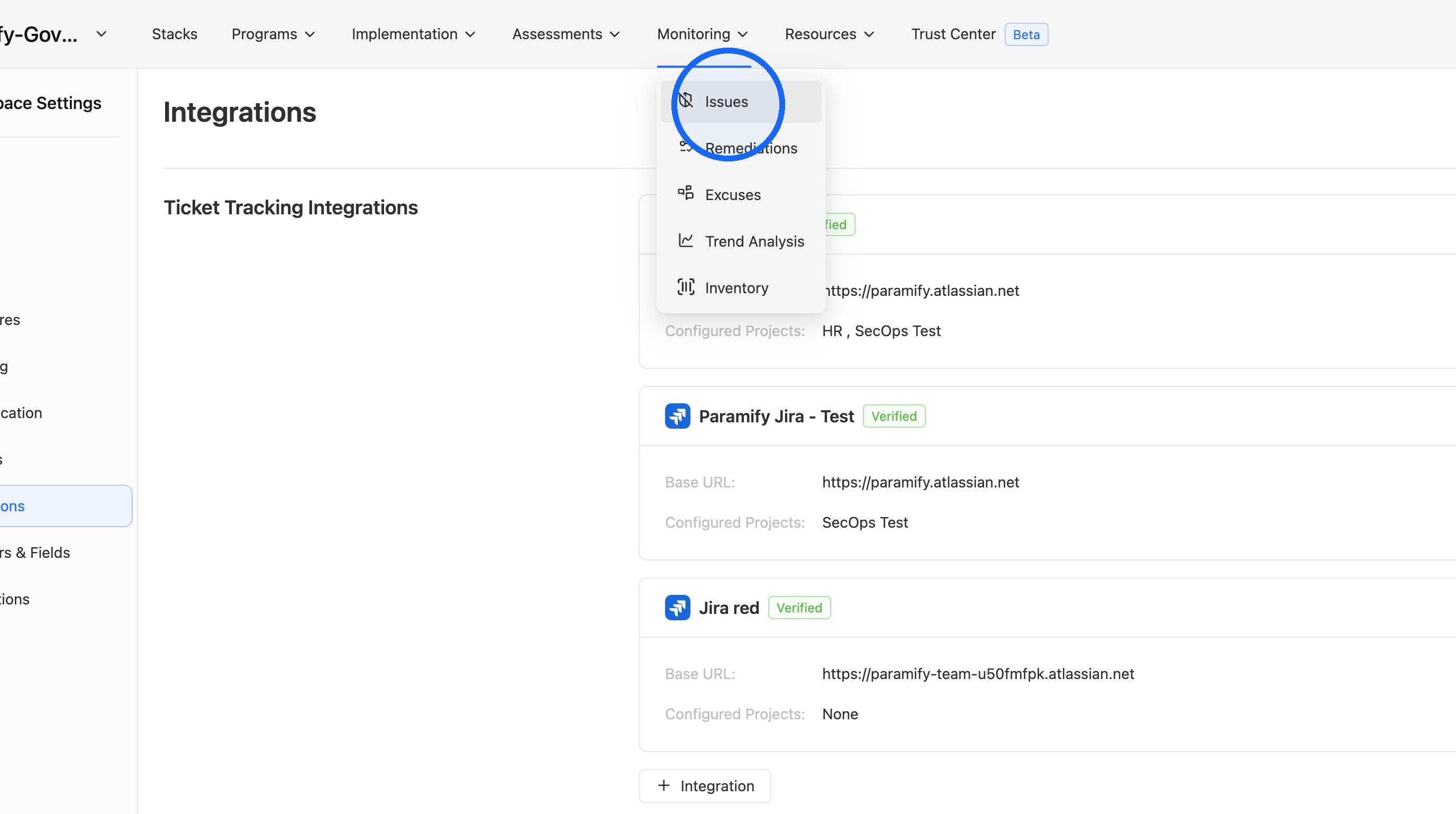 Issues option in the Monitoring dropdown