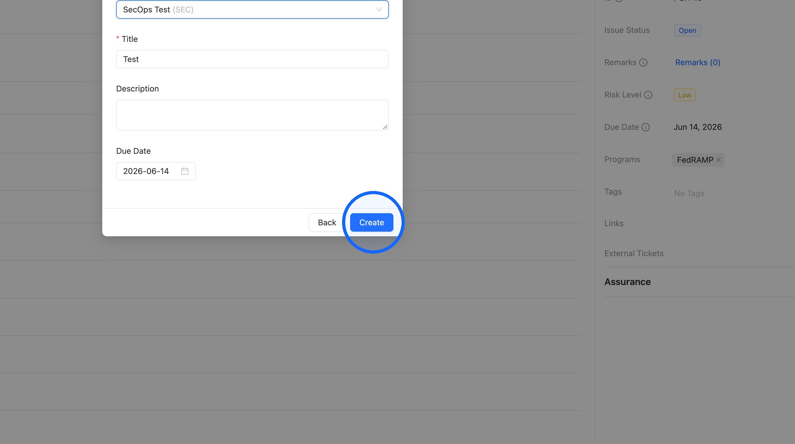 Create button in the Create external ticket modal