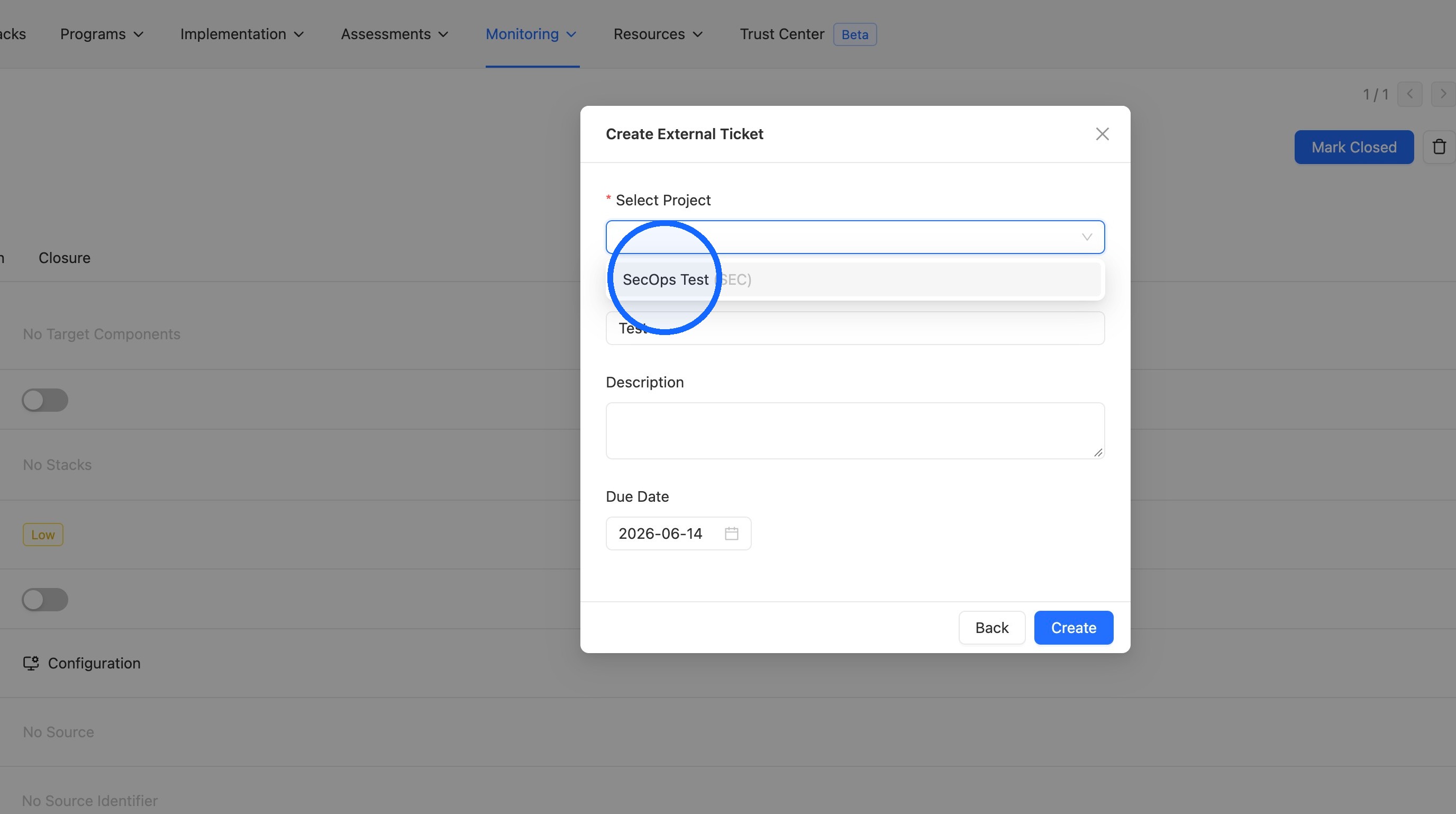 Project dropdown in the Create external ticket modal