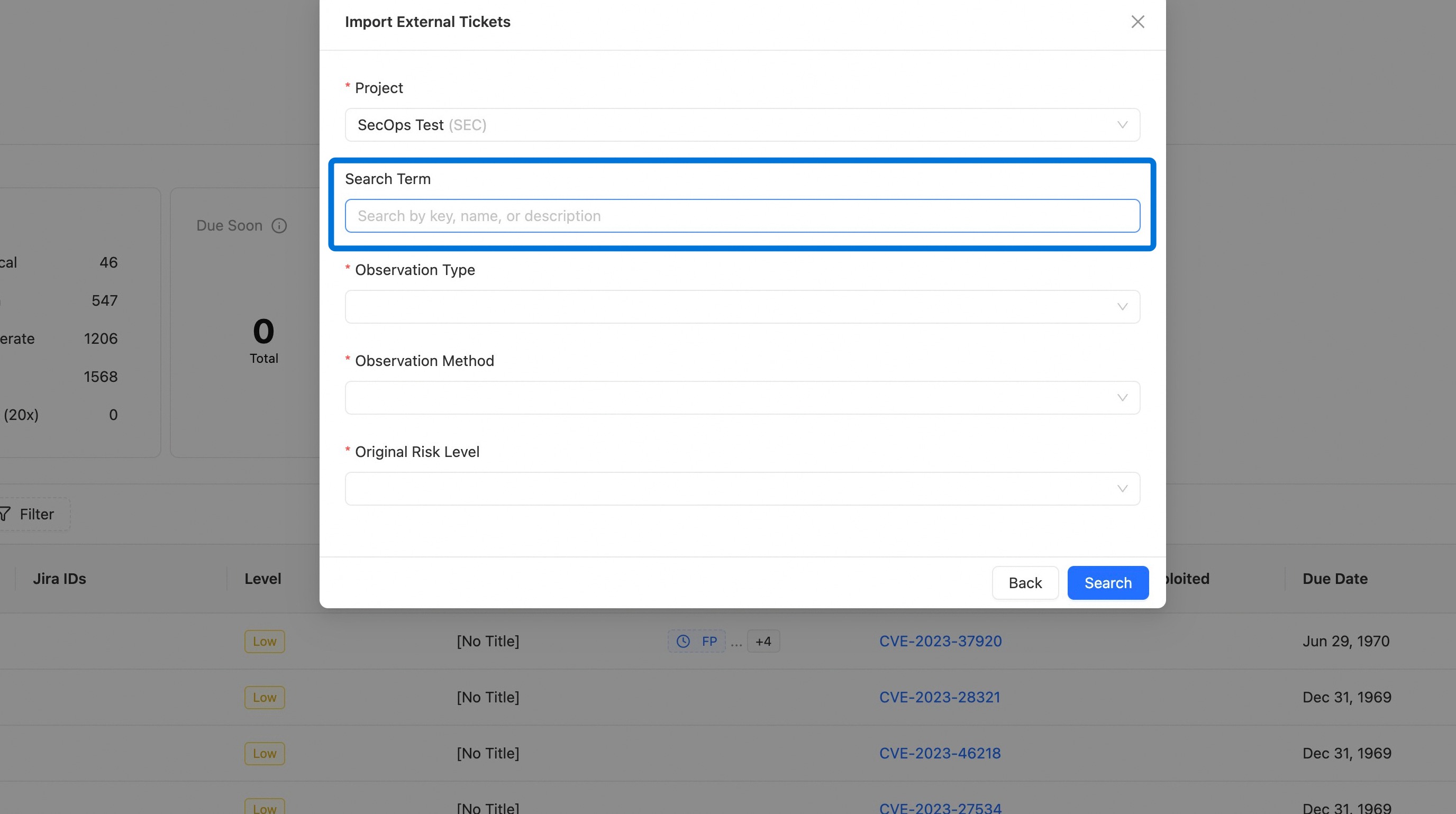 Search Term field in the import modal