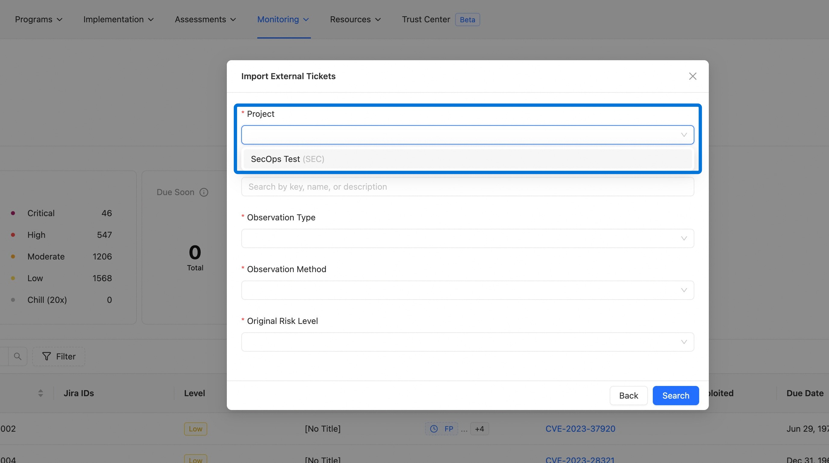 Project dropdown in the import modal