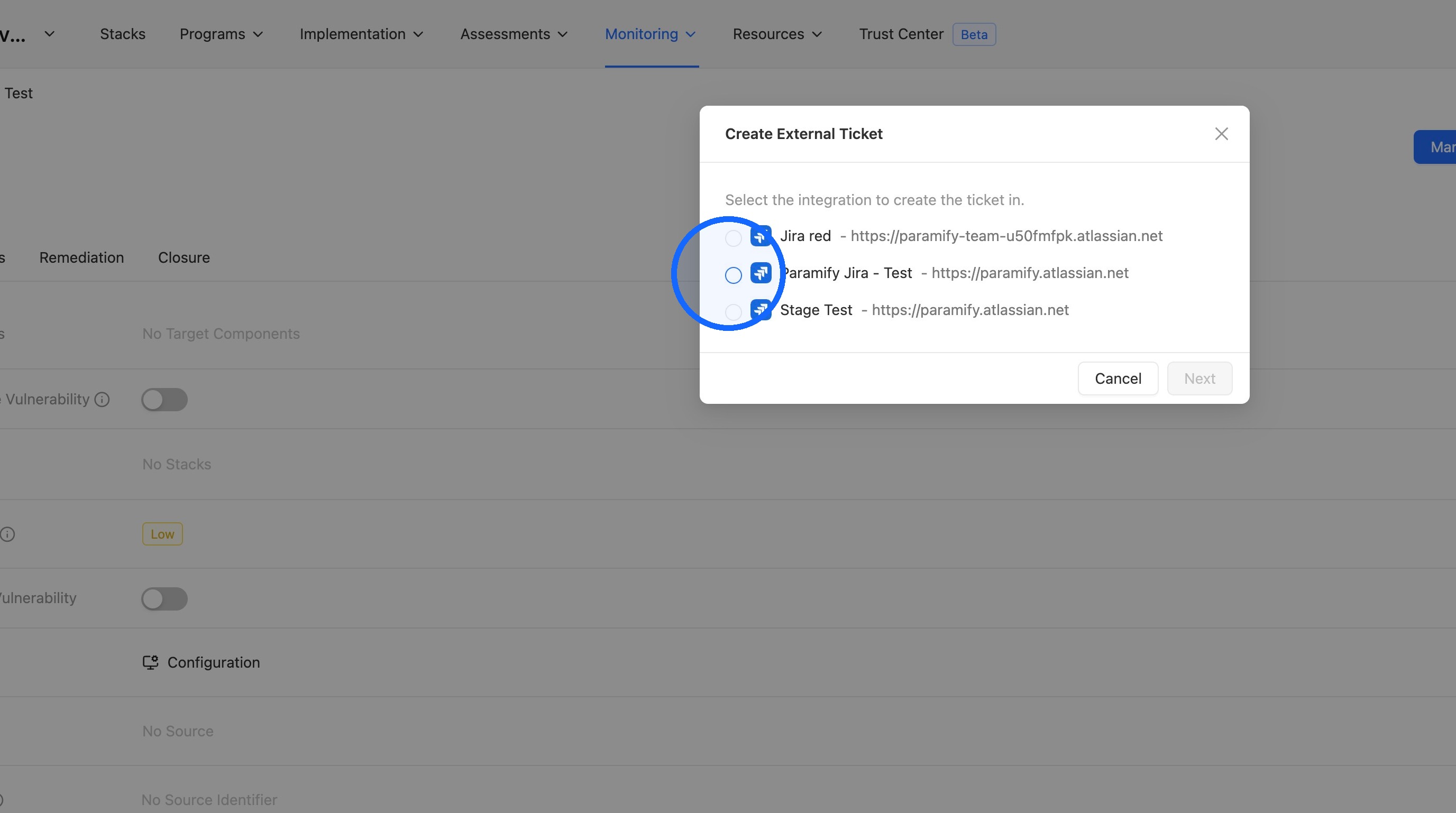 Integration selection in the Create external ticket modal