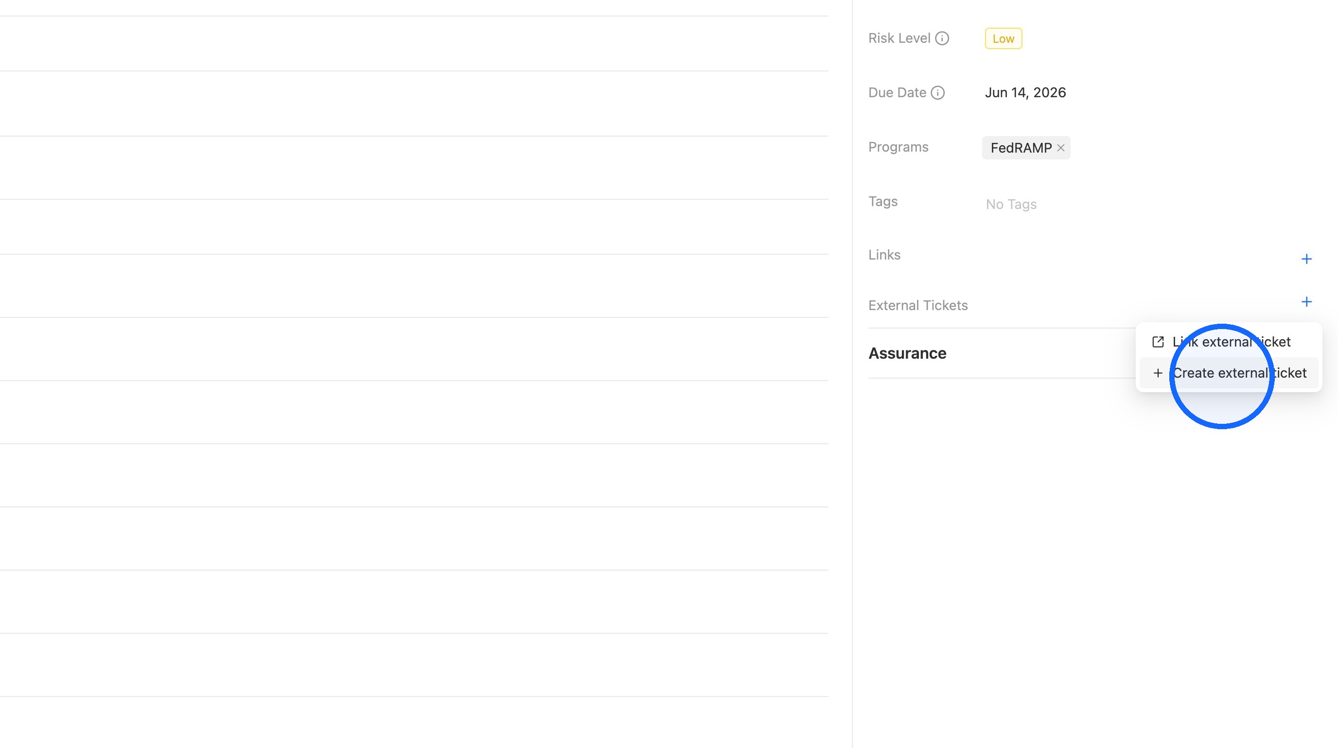 External Tickets menu with the Create external ticket option