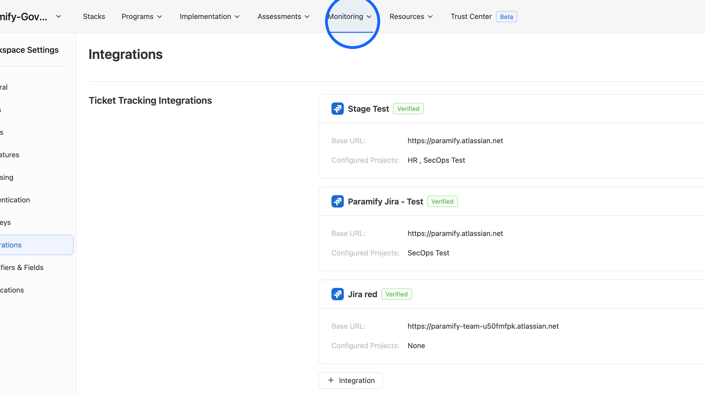 Monitoring dropdown in the Paramify navigation